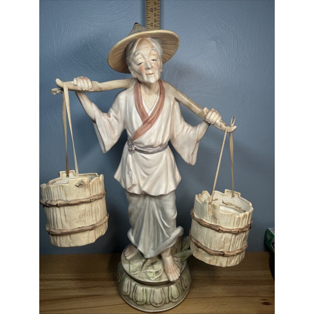 Vtg Oriental Village Elderly Man Water Carrier Bucket Sculpture Japanese *READ*
